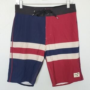 Vans Stripe Board Shorts Navy Burgundy Black Lace Up Waist 28